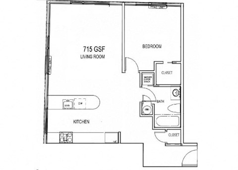Floor plan for 1 bed, 1 bath, 622 sqft
