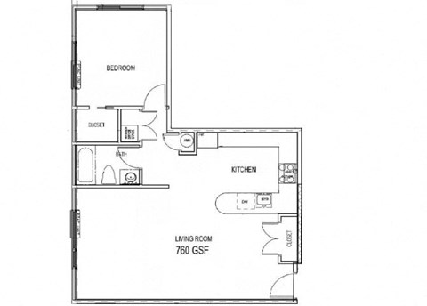 Floor plan for 1 bed, 1 bath, 865 sqft