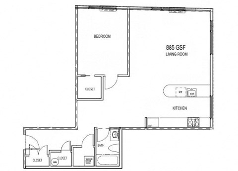 Floor plan for 1 bed, 1 bath, 885 sqft