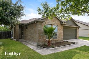 New Braunfels house for rent - A house with a brown stone exterior and a palm tree in front.