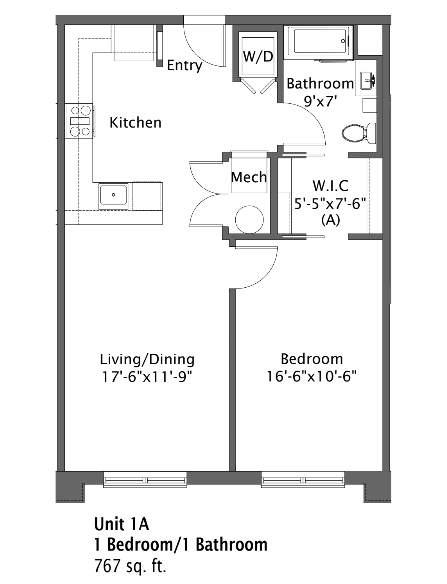 Floor plan for 1 bed, 1 bath, 767 sqft