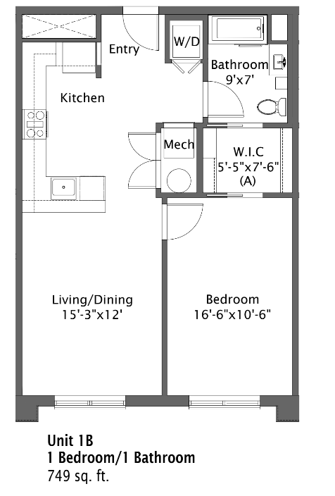 Floor plan for 1 bed, 1 bath, 749 sqft