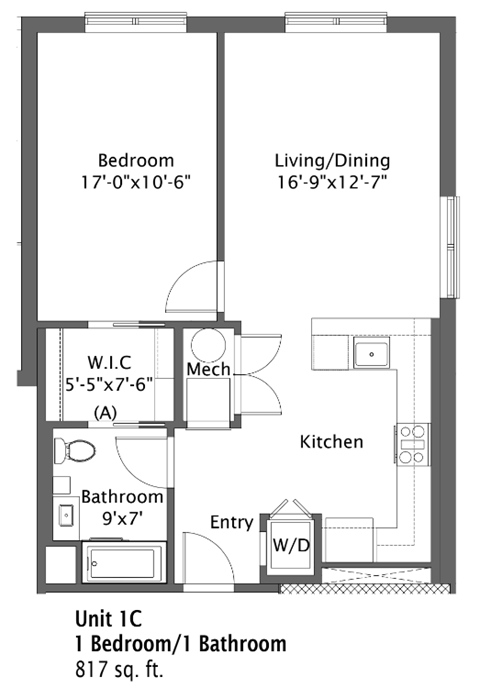 Floor plan for 1 bed, 1 bath, 817 sqft