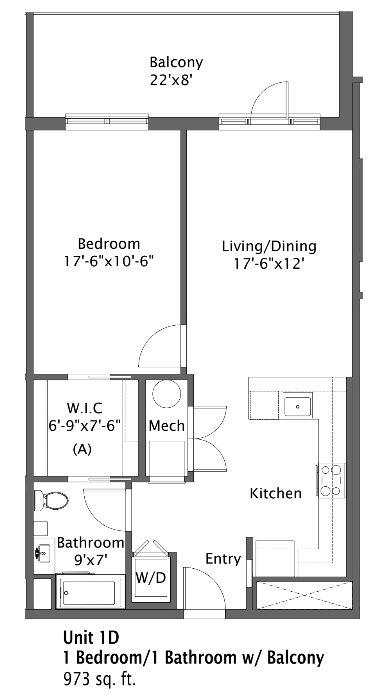 Floor plan for 1 bed, 1 bath, 973 sqft