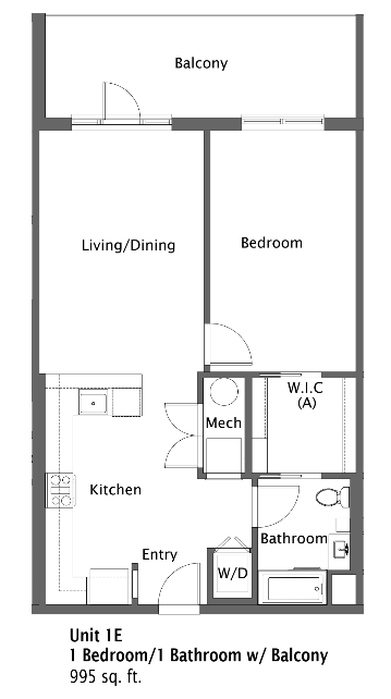 Floor plan for 1 bed, 1 bath, 995 sqft