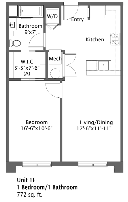 Floor plan for 1 bed, 1 bath, 772 sqft