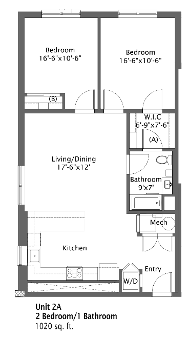 Floor plan for 2 beds, 1 bath, 1020 sqft