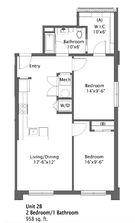 Floor plan for 2 beds, 1 bath, 958 sqft