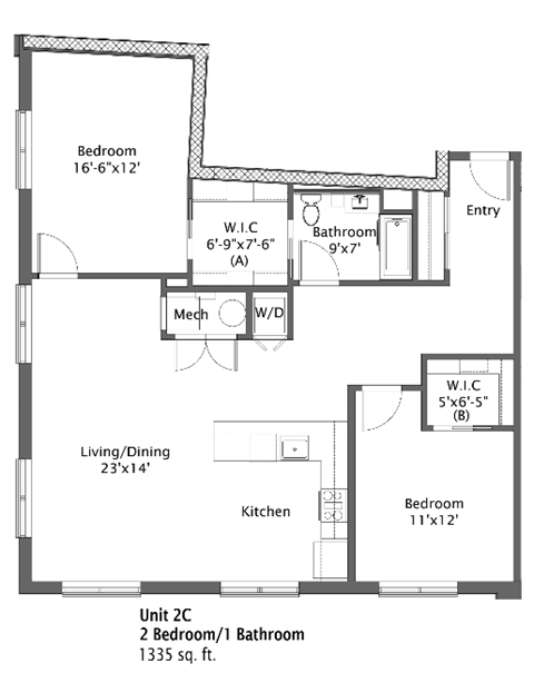 Floor plan for 2 beds, 1 bath, 1335 sqft