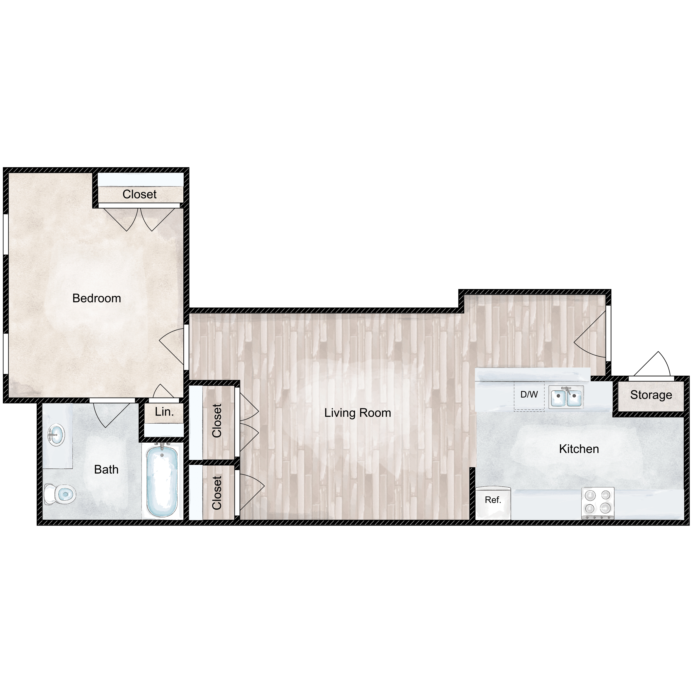 Floor plan for 1 bed, 1 bath, 680 sqft