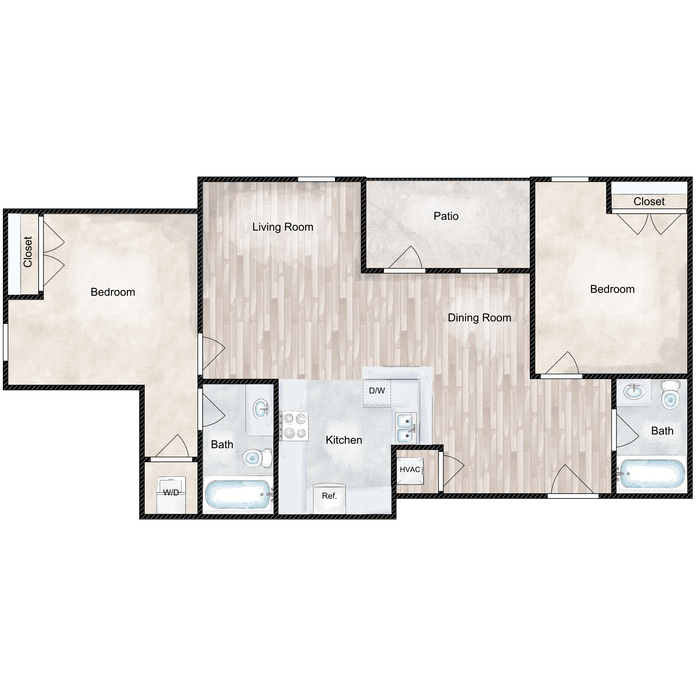 Floor plan for 2 beds, 2 baths, 868 sqft