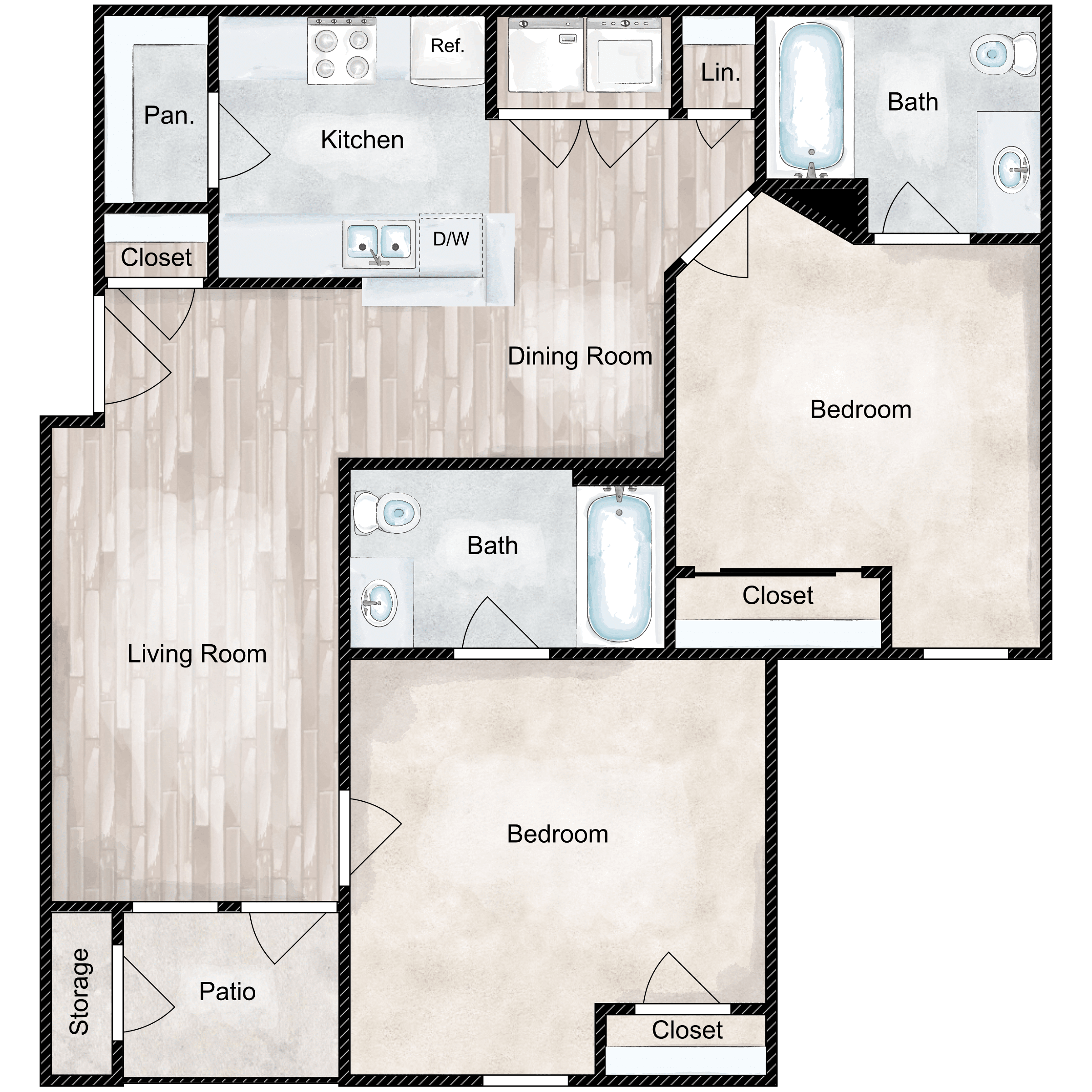Floor plan for 2 beds, 2 baths, 900 sqft