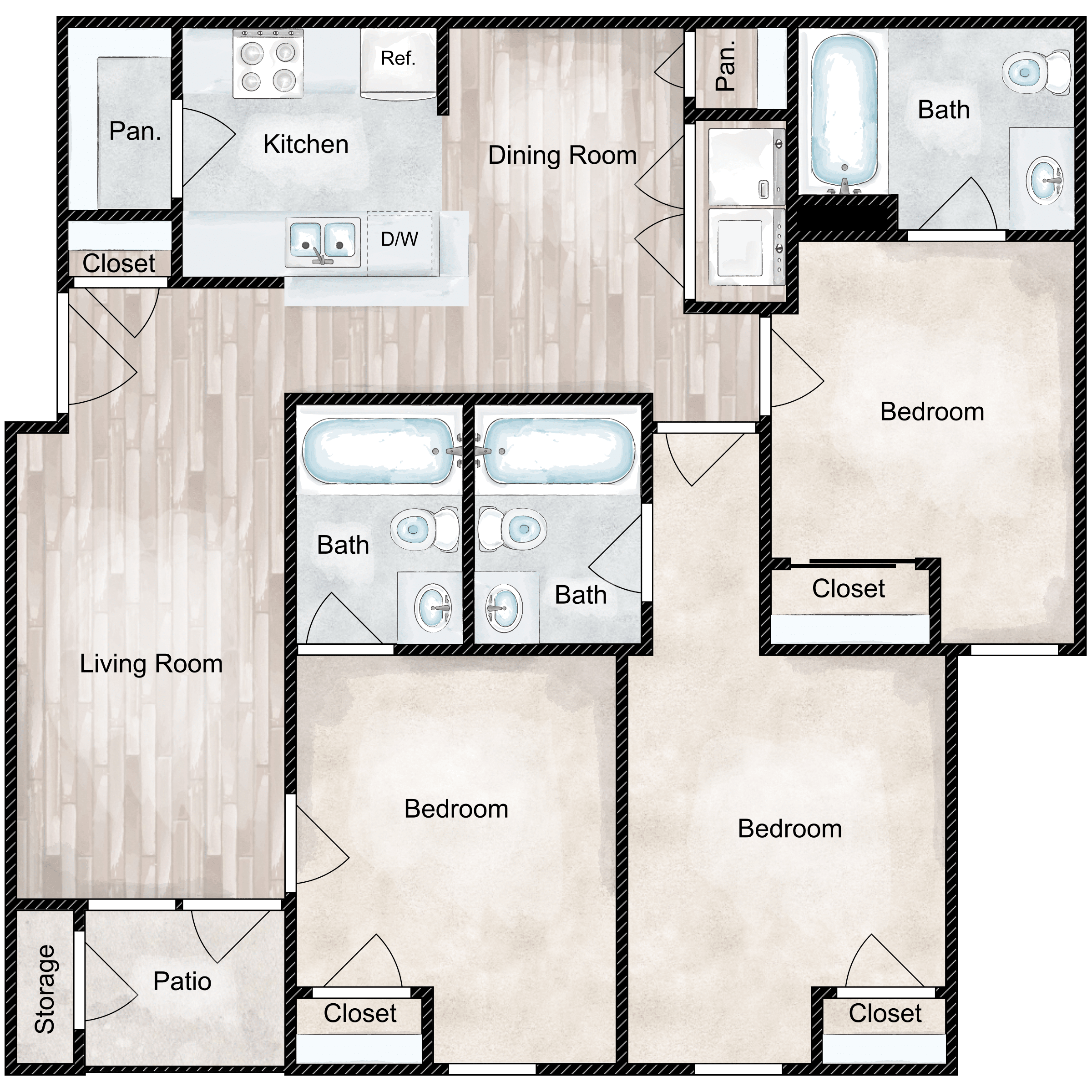 Floor plan for 3 beds, 3 baths, 1256 sqft