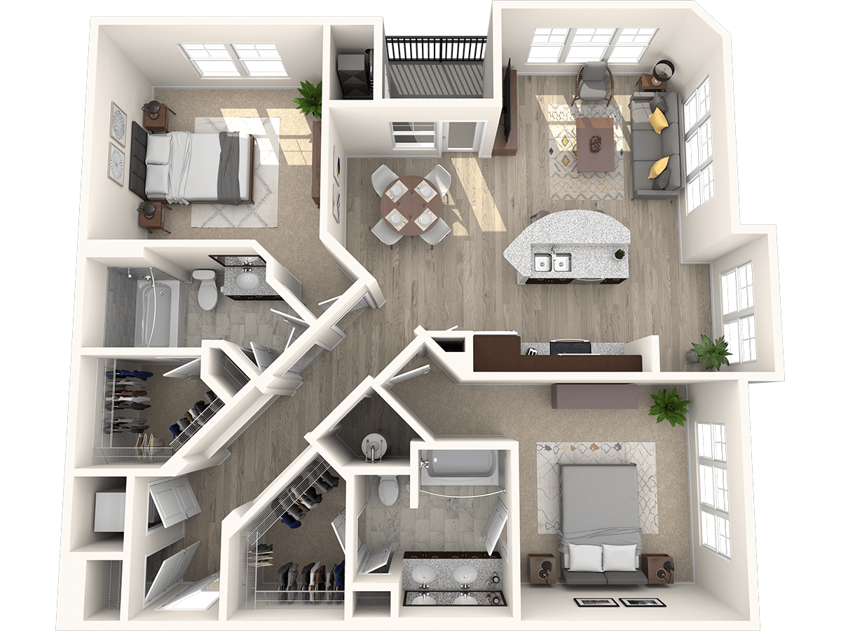 Floor plan for 2 beds, 2 baths, 1262 sqft