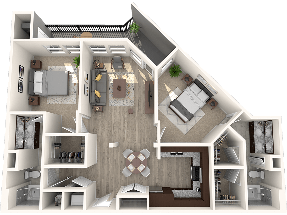 Floor plan for 2 beds, 2 baths, 1156 sqft