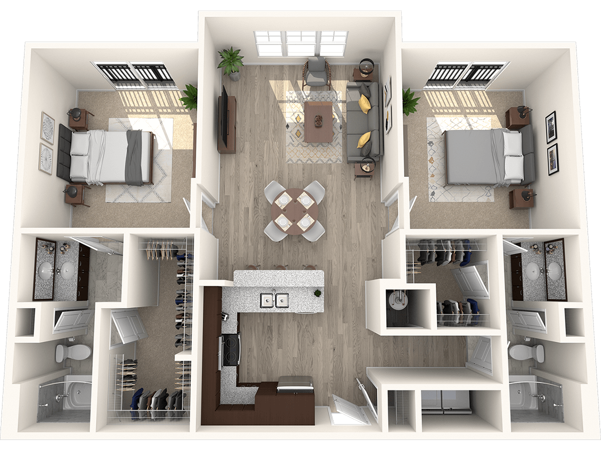 Floor plan for 2 beds, 2 baths, 1228 sqft