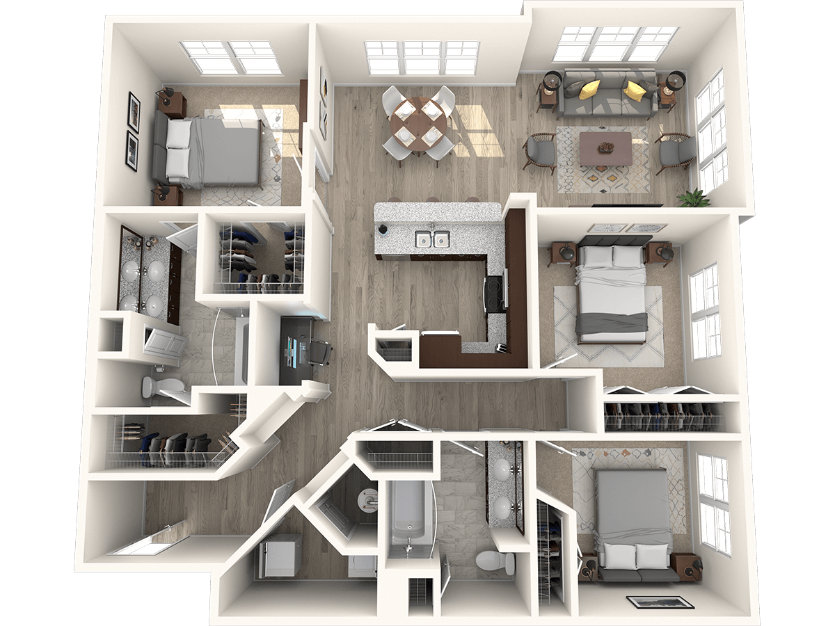 Floor plan for 3 beds, 2 baths, 1447 sqft