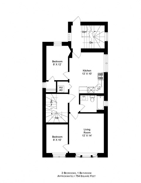 Floor plan for 2 beds, 1 bath, 794 sqft