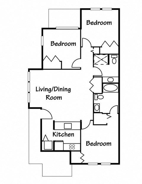 Floor plan for 3 beds, 2 baths, 1166 sqft