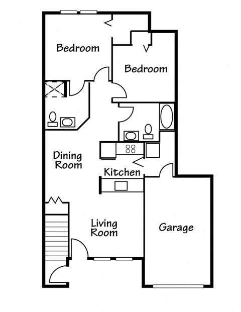 Floor plan for 2 beds, 2 baths, 1050 sqft