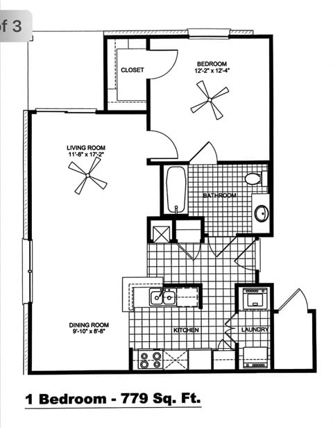 Floor plan for 1 bed, 1 bath, 779 sqft