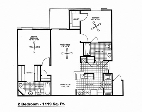 Floor plan for 2 beds, 2 baths, 1119 sqft