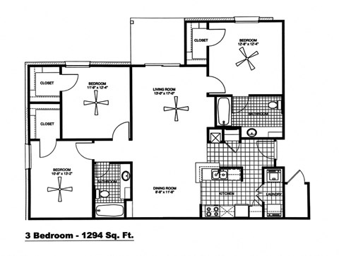 Floor plan for 3 beds, 2 baths, 1294 sqft