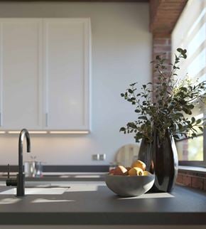 Providence apartment for rent - A kitchen counter with a bowl of fruit and a vase of greenery.