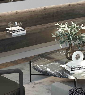 Providence apartment for rent - A living room with a grey sofa and a coffee table with a plant on it.