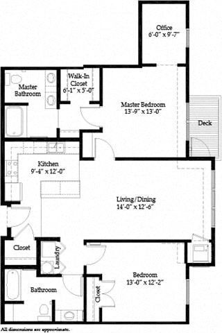Floor plan for 2 beds, 2 baths, 1301 sqft