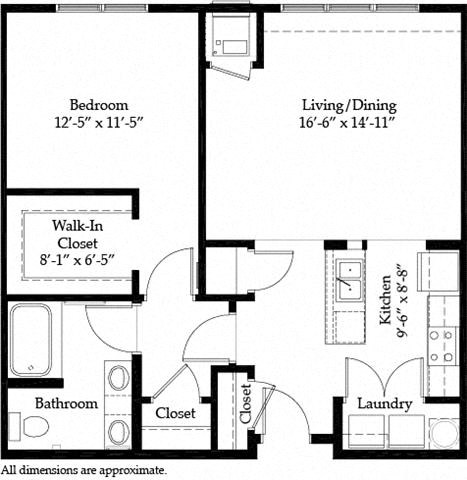 Floor plan for 1 bed, 1 bath, 864 sqft