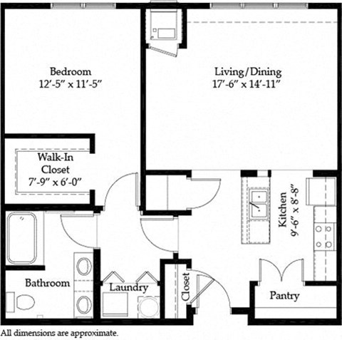 Floor plan for 1 bed, 1 bath, 893 sqft