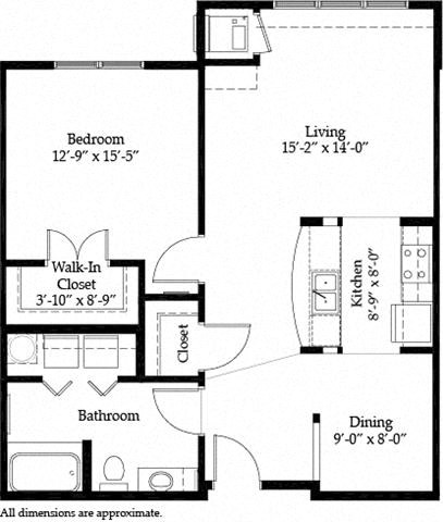 Floor plan for 1 bed, 1 bath, 904 sqft