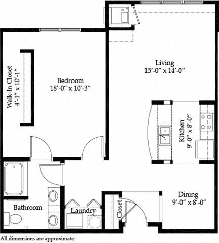 Floor plan for 1 bed, 1 bath, 962 sqft