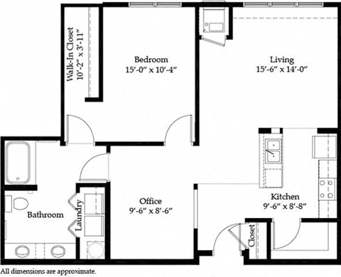 Floor plan for 1 bed, 1 bath, 994 sqft