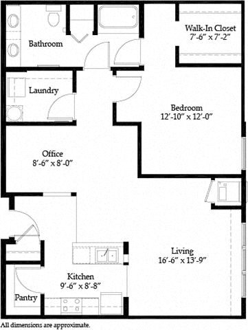 Floor plan for 1 bed, 1 bath, 1094 sqft