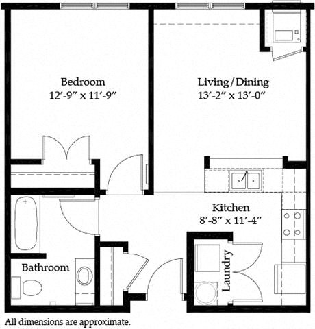 Floor plan for 1 bed, 1 bath, 670 sqft