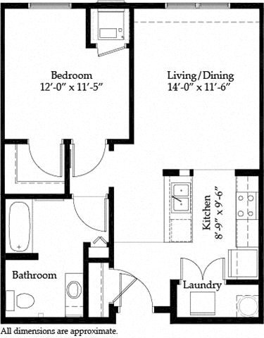 Floor plan for 1 bed, 1 bath, 690 sqft