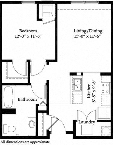 Floor plan for 1 bed, 1 bath, 690 sqft
