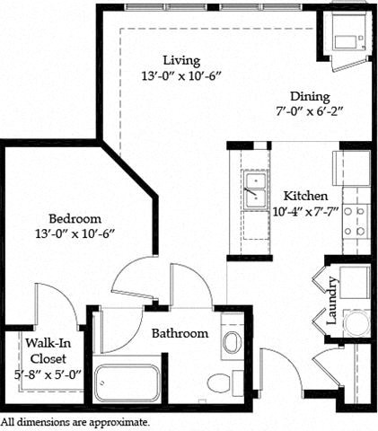 Floor plan for 1 bed, 1 bath, 709 sqft