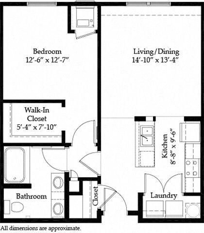 Floor plan for 1 bed, 1 bath, 777 sqft
