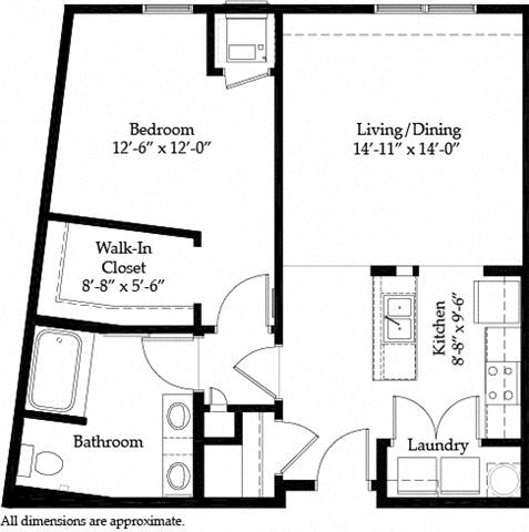 Floor plan for 1 bed, 1 bath, 826 sqft