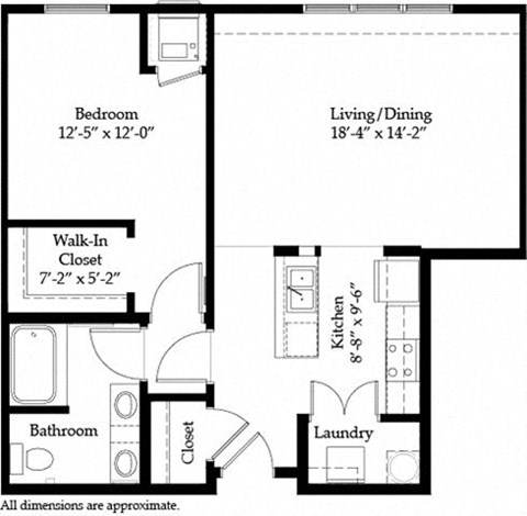 Floor plan for 1 bed, 1 bath, 819 sqft