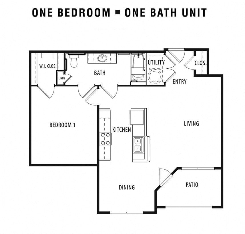 Floor plan for 1 bed, 1 bath, 820 sqft