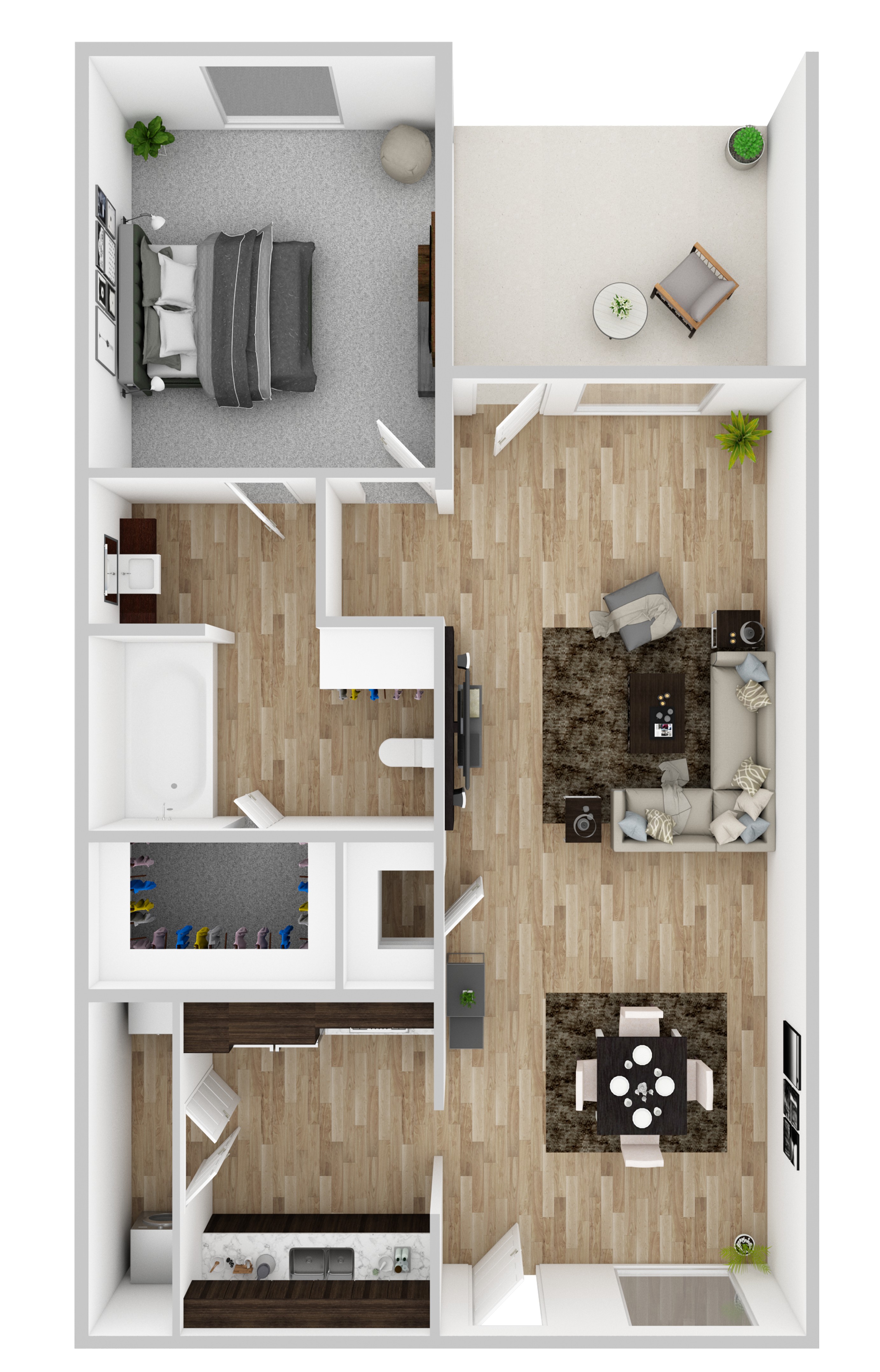Floor plan for 1 bed, 1 bath, 874 sqft