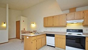 Manitowoc apartment for rent - a kitchen with wooden cabinets and a stove and a sink