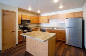 Sheboygan Falls apartment for rent - a kitchen with wooden cabinets and stainless steel appliances