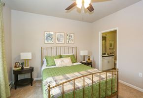 Sheboygan Falls apartment for rent - a bedroom with a bed and a ceiling fan