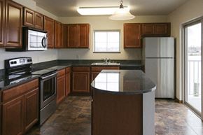 Oshkosh apartment for rent - a kitchen with wooden cabinets and stainless steel appliances