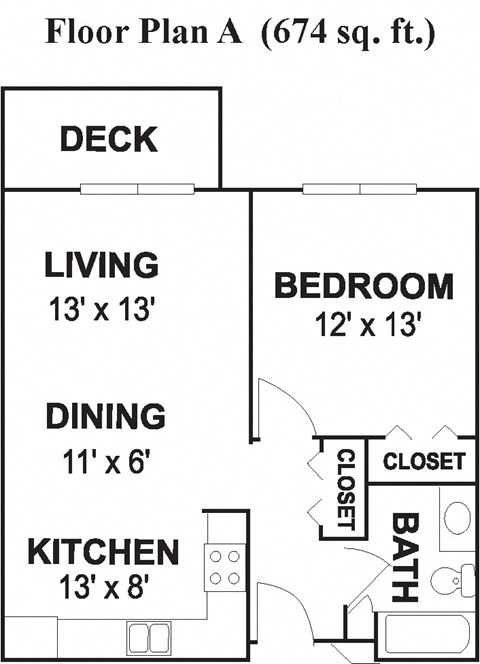 Floor plan for 1 bed, 1 bath, 785 sqft